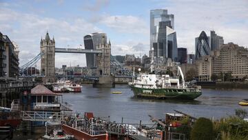 LONDON, ENGLAND - OCTOBER 05: The Greenpeace vessel, the Esperanza is moored up next to Tower Bridge on October 05, 2020 in London, England. The environmental organisation has been dropping boulders in protected areas in the North Sea to protest and disru