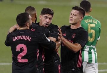 Fede Valverde celebrates with his Real Madrid team mates after scoring against Real Betis.