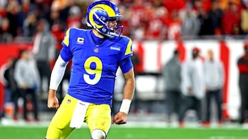 Jan 23, 2022; Tampa, Florida, USA; Los Angeles Rams quarterback Matthew Stafford (9) celebrates after completing a pass during the second half against the Tampa Bay Buccaneers in a NFC Divisional playoff football game at Raymond James Stadium. Mandatory C