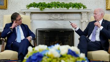 President Joe Biden speaks as he meets with Colombian President Gustavo Petro in the Oval Office of the White House in Washington, Thursday, April 20, 2023. (AP Photo/Susan Walsh)