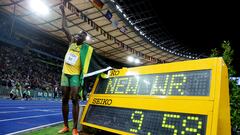 What is the 100m, 200m and 400m track and field Olympic and world record?