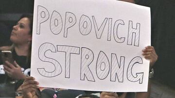 SAN ANTONIO,TX - APRIL 19 : Fans show their respect to Gregg Popvich head coach of the San Antonio Spurs who lost his wife during game against the Golden State Warriors at AT&T Center on April 19 , 2018 in San Antonio, Texas. NOTE TO USER: User expressly acknowledges and agrees that , by downloading and or using this photograph, User is consenting to the terms and conditions of the Getty Images License Agreement. Ronald Cortes/Getty Images/AFP
== FOR NEWSPAPERS, INTERNET, TELCOS & TELEVISION USE ONLY ==