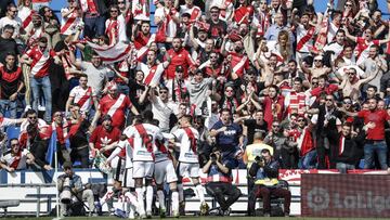Raul de Tomas (Rayo Vallecano) celebrates his goal which made it (1,1) La Liga match between Getafe CF vs Rayo Vallecano at the Coliseum Alfonso Perez stadium in Madrid, Spain, February 23, 2019 .