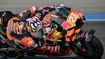 Red Bull KTM Tech3's Italian rider Enea Bastianini rides during the practice session of the MotoGP Thailand Grand Prix at the Buriram International Circuit in Buriram on February 28, 2025. (Photo by Lillian SUWANRUMPHA / AFP)