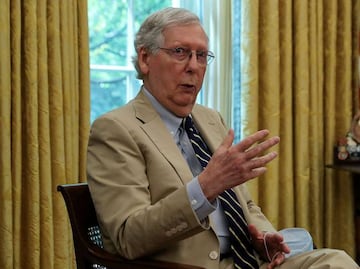 U.S. Senate Majority Leader Mitch McConnell (R-KY) speaks about legislation for additional coronavirus aid during a meeting with U.S. President Donald Trump.