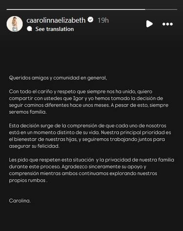 “Tomamos la decisión de seguir caminos diferentes hace unos meses; siempre seremos familia”