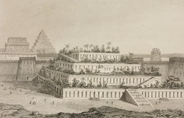 El rey Nabucodonosor II habría mandado construirlos sobre el año 600 a.C. para su esposa Amitis ya que ésta echaba de menos su montañosa tierra natal. 
Existe cierto consenso en describirlos como diversas terrazas sobrepuestas con un sofisticado sistema de riego y que alcanzarían aproximadamente los 23 metros de altura.