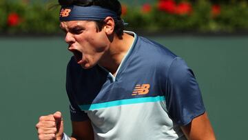 INDIAN WELLS, CALIFORNIA - MARCH 14: Milos Raonic of Canada celebrates a point against Miomir Kecmanovic of Serbia during their men&#039;s singles quarter final match on day eleven of the BNP Paribas Open at the Indian Wells Tennis Garden on March 14, 2019 in Indian Wells, California.   Clive Brunskill/Getty Images/AFP
 == FOR NEWSPAPERS, INTERNET, TELCOS &amp; TELEVISION USE ONLY ==
