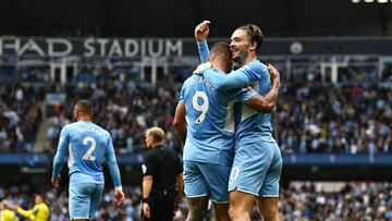 MANCHESTER, ENGLAND - AUGUST 21: Jack Grealish of Manchester City celebrates with Gabriel Jesus after scoring their side's second goal during the Premier League match between Manchester City and Norwich City at Etihad Stadium on August 21, 2021 in Ma