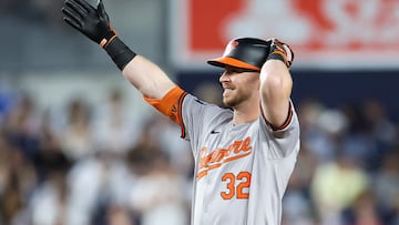 NEW YORK, NEW YORK - JUNE 19: Ryan O'Hearn #32 of the Baltimore Orioles reacts after a double against the New York Yankees during the fifth inning at Yankee Stadium on June 19, 2024 in the Bronx borough of New York City.   Luke Hales/Getty Images/AFP (Photo by Luke Hales / GETTY IMAGES NORTH AMERICA / Getty Images via AFP)