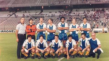 Once inicial del Leganés en el Bernabéu en 1981. Arriba: Fraile (entrenador), Leal, Miguel, Brenes, Zazo, Juan Antonio, Carbonell (autor del gol). Abajo: Moreno II, Polo, Fernando, Mate, Benjamín Moreno y por último el masajista del equipo (el señor Pepe).