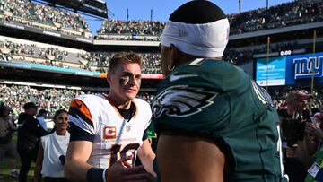 Oct 5, 2025; Philadelphia, Pennsylvania, USA; Denver Broncos quarterback Bo Nix (10) and Philadelphia Eagles quarterback Jalen Hurts (1) shake hands after the game at Lincoln Financial Field. Mandatory Credit: Eric Hartline-Imagn Images