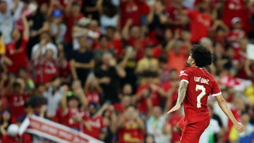 Soccer Football - Friendly - Liverpool v Bayern Munich - Singapore National Stadium, Singapore, Singapore - August 2, 2023 Liverpool's Luis Diaz celebrates scoring their third goal REUTERS/Edgar Su