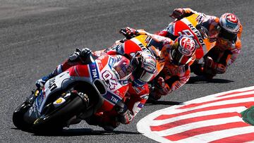 MONTMELO, SPAIN - JUNE 11: Andrea Dovizioso of Italy and Ducati Team rides to win ahead Marc Marquez of Spain and Repsol Honda Team and Dani Pedrosa of Spain and Repsol Honda Team during the MotoGp of Catalunya at Circuit de Catalunya on June 11, 2017 in Montmelo, Spain. (Photo by David Ramos/Getty Images)
PUBLICADA 12/06/17 NA MA35 4COL