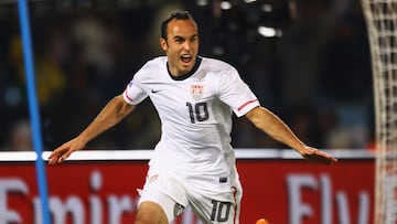 PRETORIA, SOUTH AFRICA - JUNE 23:  Landon Donovan of the United States celebrates after scoring the winning goal against Algeria during the 2010 FIFA World Cup South Africa Group C match between USA and Algeria at the Loftus Versfeld Stadium on June 23, 2010 in Tshwane/Pretoria, South Africa.  (Photo by Jeff Mitchell - FIFA/FIFA via Getty Images)