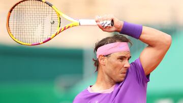 MONTE-CARLO, MONACO - APRIL 14: Rafael Nadal of Spain plays a forehand shot during their Round 32 match against Federico Delbonis of Argentina during day four of the Rolex Monte-Carlo Masters at Monte-Carlo Country Club on April 14, 2021 in Monte-Carlo, Monaco. (Photo by Alexander Hassenstein/Getty Images)