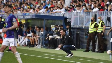 Pablo Guede, en la banda de La Rosaleda durante el M&aacute;laga - Valladolid.