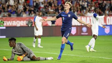 GLENDALE, ARIZONA - JANUARY 27: Djordje Mihailovic #8 of United States celebrates scoring a goal past goalkeeper Eddie Roberts #1 of Panama during the first half of the international friendly at State Farm Stadium on January 27, 2019 in Glendale, Arizona.