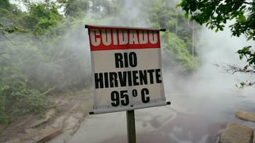 Cartel de Río Hirivente 95ºC en el Amazonas peruano