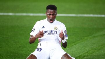 MADRID, SPAIN - APRIL 06: Vinicius Junior of Real Madrid celebrates scoring a goal during the UEFA Champions League Quarter Final match between Real Madrid and Liverpool FC at Estadio Alfredo Di Stefano on April 06, 2021 in Madrid, Spain. (Photo by Fran S