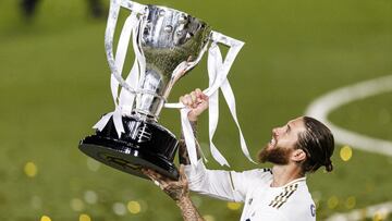 MADRID, SPAIN - JULY 16: Real Madrid Captain Sergio Ramos lifts La Liga Champions Trophy during La Liga match between Real Madrid CF and Villarreal CF at Estadio Alfredo Di Stefano on July 16, 2020 in Madrid, Spain. (Photo by Ricardo Nogueira/Eurasia Spor