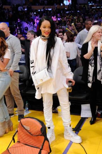 Rihanna. attends a basketball game between the Golden State Warriors and the Los Angeles Lakers at Staples Center on March 6, 2016 in Los Angeles, California.  (Photo by Noel Vasquez/GC Images