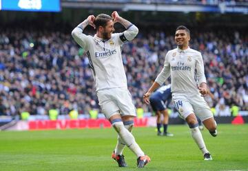 Ramos (left) celebrates his second goal with Real Madrid team-mate Casemiro.