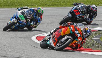 Miguel Oliveira, Franco Morbidelli y Francesco Bagnaia en la carrera de Sepang.