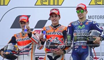 Triplete español en MotoGP. Dani Pedrosa, Marc Márquez y Jorge Lorenzo. 