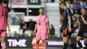 Mar 30, 2024; Fort Lauderdale, Florida, USA; Inter Miami CF forward Luis Suarez (9) reacts during the second half against New York City FC at Chase Stadium. Mandatory Credit: Sam Navarro-USA TODAY Sports