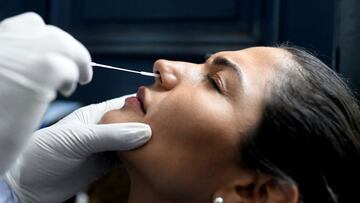 A healthcare worker takes a swab sample from a woman to be tested for the coronavirus disease (COVID-19) at Princess Isabel Palace, where a healthcare unit specialising in COVID-19 and flu symptoms has been set up, in Rio de Janeiro, Brazil January 12, 2022. REUTERS/Lucas Landau