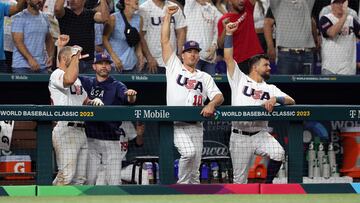MIAMI, FLORIDA - MARCH 19: J.T. Realmuto #10 and Kyle Schwarber #12 celebrate after Trea Turner #8 of Team USA hit a three-run home run in the sixth inning against Team Cuba during the World Baseball Classic Semifinals at loanDepot park on March 19, 2023 in Miami, Florida.   Megan Briggs/Getty Images/AFP (Photo by Megan Briggs / GETTY IMAGES NORTH AMERICA / Getty Images via AFP)