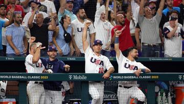 MIAMI, FLORIDA - MARCH 19: J.T. Realmuto #10 and Kyle Schwarber #12 celebrate after Trea Turner #8 of Team USA hit a three-run home run in the sixth inning against Team Cuba during the World Baseball Classic Semifinals at loanDepot park on March 19, 2023 in Miami, Florida. Megan Briggs/Getty Images/AFP (Photo by Megan Briggs / GETTY IMAGES NORTH AMERICA / Getty Images via AFP)