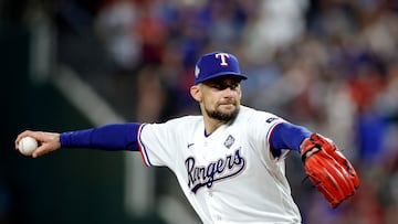 ARLINGTON, TEXAS - OCTOBER 27: Nathan Eovaldi #17 of the Texas Rangers pitches in the first inning against the Arizona Diamondbacks during Game One of the World Series at Globe Life Field on October 27, 2023 in Arlington, Texas. Carmen Mandato/Getty Images/AFP (Photo by Carmen Mandato / GETTY IMAGES NORTH AMERICA / Getty Images via AFP)