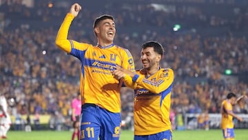 Juan Brunetta celebrates his goal 2-0 with Angel Correa of Tigres during the 15th round match between Tigres UANL and Tijuana as part of the Liga BBVA MX, Torneo Apertura 2025 at Universitario, on October 25, 2025 in Monterrey, Nuevo Leon, Mexico.