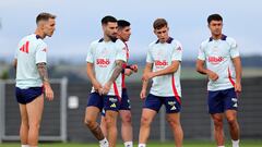 (L-R) Spain's defender #12 Alejandro Grimaldo, midfielder #15 Alex Baena, forward #25 Fermin Lopez and midfielder #18 Martin Zubimendi attend a training session at the team's base camp in Donaueschingen on July 6, 2024, ahead of their UEFA Euro 2024 semi-final football match against France. (Photo by LLUIS GENE / AFP)