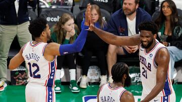 Philadelphia 76ers center Joel Embiid (R) celebrates with Philadelphia 76ers forward Tobias Harris (L) and Philadelphia 76ers guard James Harden (C) in the final moments of game five of the NBA Eastern Conference semifinals series between the Philadelphia 76ers and the Boston Celtics at TD Garden in Boston, Massachusetts, USA, 09 May 2023.