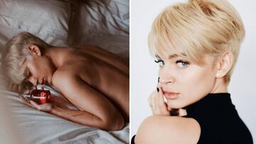 Imágenes de Laura Escanes tumbada en la cama desnuda con un perfume y con mirada seria