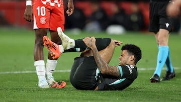 Liverpool's Luis Diaz goes down injured during the UEFA Champions League, league stage match at Estadi Montilivi, Girona, Spain. Picture date: Tuesday December 10, 2024. (Photo by Liam McBurney/PA Images via Getty Images)