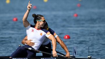 Spain's Antia Jacome (FRONT) and Spain's Maria Corbera react after competing in the women's canoe double 500m heats canoe sprint competition at Vaires-sur-Marne Nautical Stadium in Vaires-sur-Marne during the Paris 2024 Olympic Games on August 6, 2024. (Photo by Olivier MORIN / AFP)