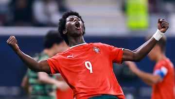 TOPSHOT - Portugal's forward #09 Anisio Cabral celebrates after scoring his team's first goal during the FIFA U17 World Cup final football match between Portugal and Austria at Khalifa International Stadium in Al-Rayyan on November 27, 2025. (Photo by Karim JAAFAR / AFP)