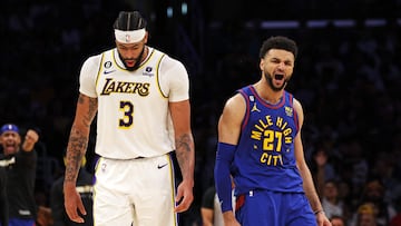 Jamal Murray #27 of the Denver Nuggets reacts to a play in front of Anthony Davis #3 of the Los Angeles Lakers during the second quarter in game three of the Western Conference Finals at Crypto.com Arena on May 20, 2023 in Los Angeles, California.