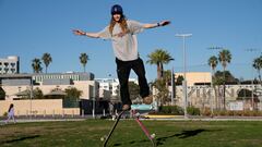 Andy Anderson balances on skateboards in California, USA on February 11, 2024