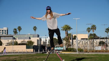 Andy Anderson balances on skateboards in California, USA on February 11, 2024