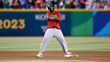 PHOENIX, ARIZONA - MARCH 15: Randy Arozarena #56 of Team Mexico reacts after hitting a three-run double during the sixth inning of the World Baseball Classic Pool C game against Team Canada at Chase Field on March 15, 2023 in Phoenix, Arizona.   Chris Coduto/Getty Images/AFP (Photo by Chris Coduto / GETTY IMAGES NORTH AMERICA / Getty Images via AFP)