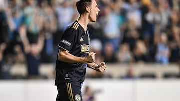 Aug 8, 2023; Chester, PA, USA; Philadelphia Union defender Jack Elliott (3) reacts after converting a penalty kick during overtime of the MLS Leagues Cup round of 16 match against the New York Red Bulls at Subaru Park. Mandatory Credit: John Jones-USA TODAY Sports