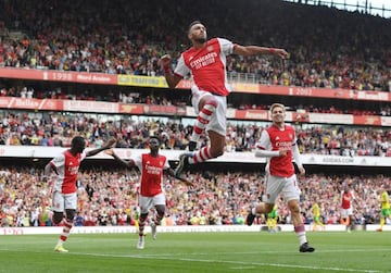 Aubameyang celebrates after scoring for Arsenal against Norwich back in September