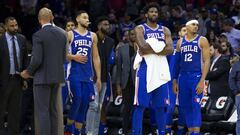 Ben Simmons, Joel Embiid y Tobias Harris.