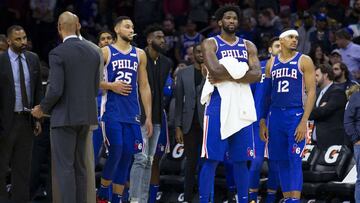 Ben Simmons, Joel Embiid y Tobias Harris.