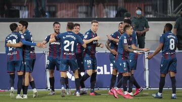 Levante's forward Jorge Miramon celebrate after scoring the 1-1 goal with his teammate during Spanish LaLiga match between Levante UD and Sevilla FC at Camilo Cano Stadium in La Nucia, Alicante, on June 15, 2020.